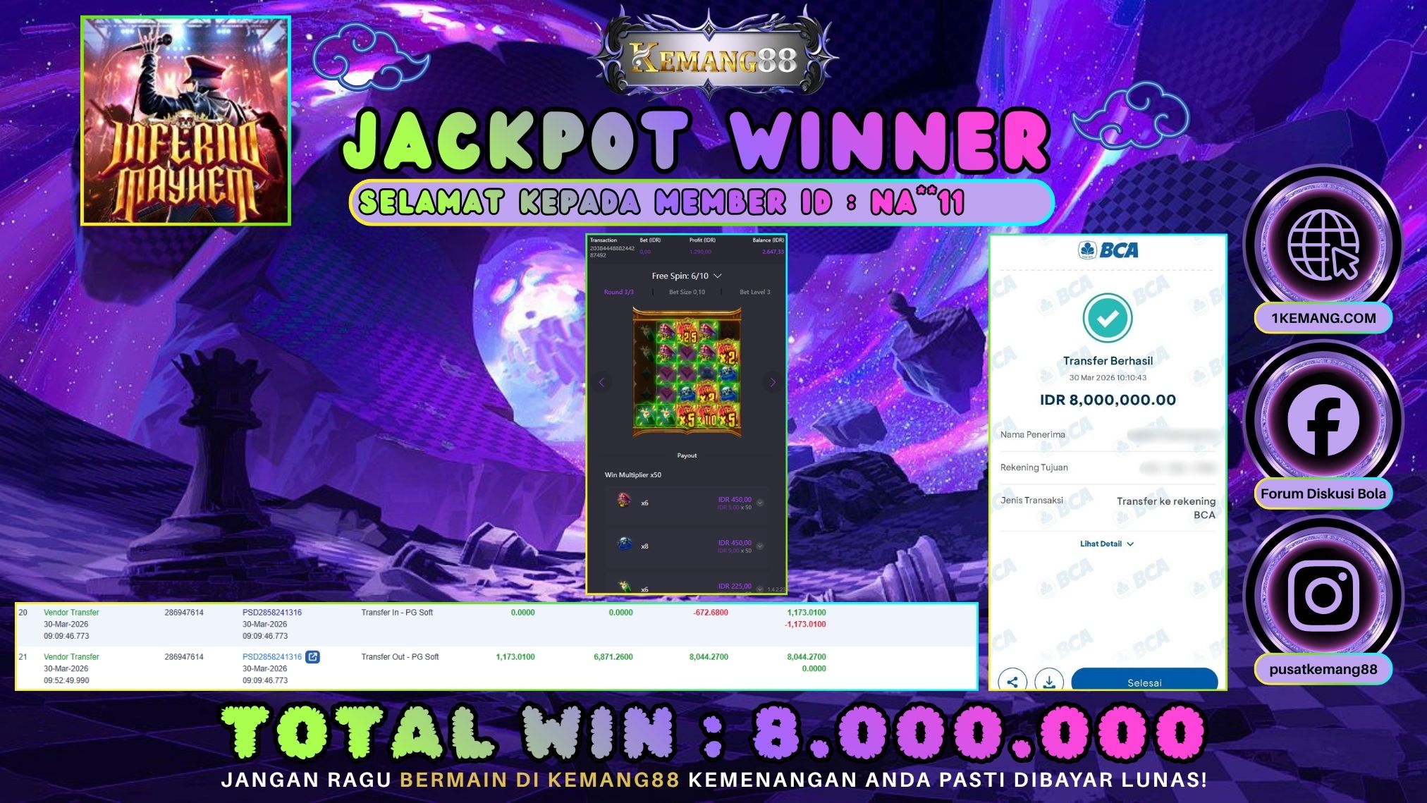 KEMANG88 [30 Maret 2026] : JACKPOT SLOT : INFERNO MEYHEM [PG] Rp. 8.000.000.,- LUNAS